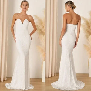 Lulu's Passionate Charisma White Lace Strapless Mermaid Maxi Dress Wedding Party